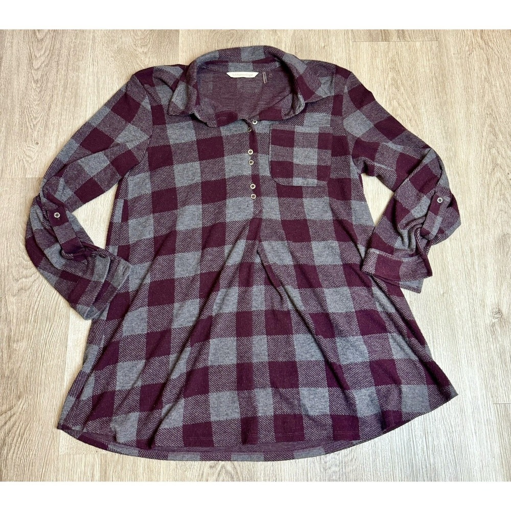 Soft Surroundings Flannel Shirt Dress Purple Gray Plaid Small PS Petite